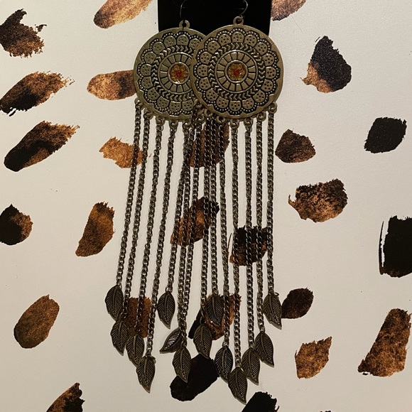 Bohemian Long Dangly Earring with Feather Charms - Picture 1 of 7